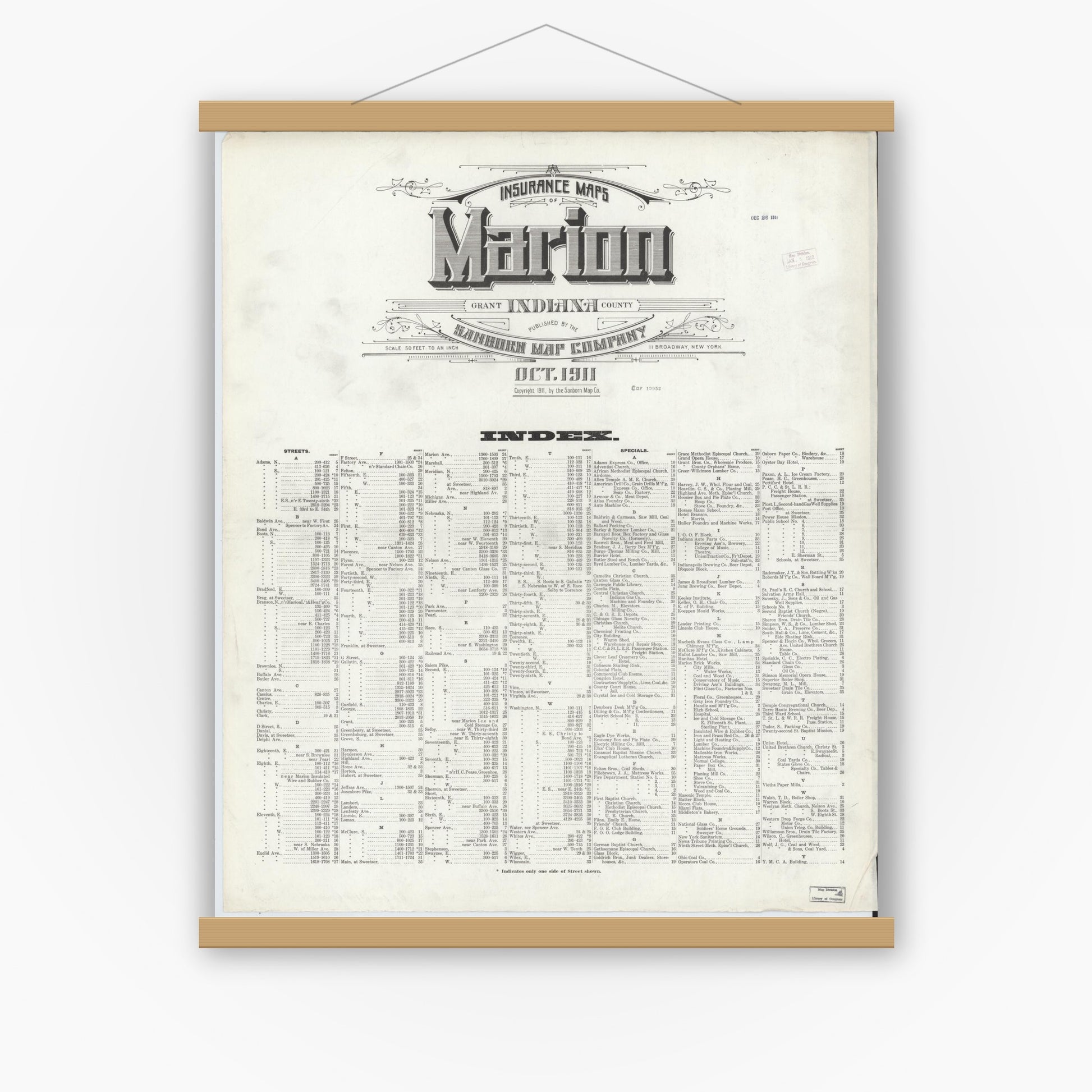 Old map wall art mockup — magnetic wood frame on white wall — Sanborn Fire Insurance Map from Marion, Grant County, Indiana (1911), Sheet #0001