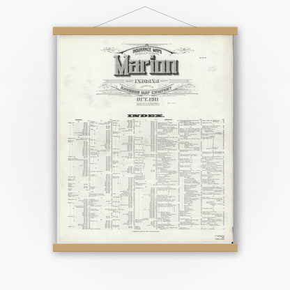 Old map wall art mockup — magnetic wood frame on white wall — Sanborn Fire Insurance Map from Marion, Grant County, Indiana (1911), Sheet #0001
