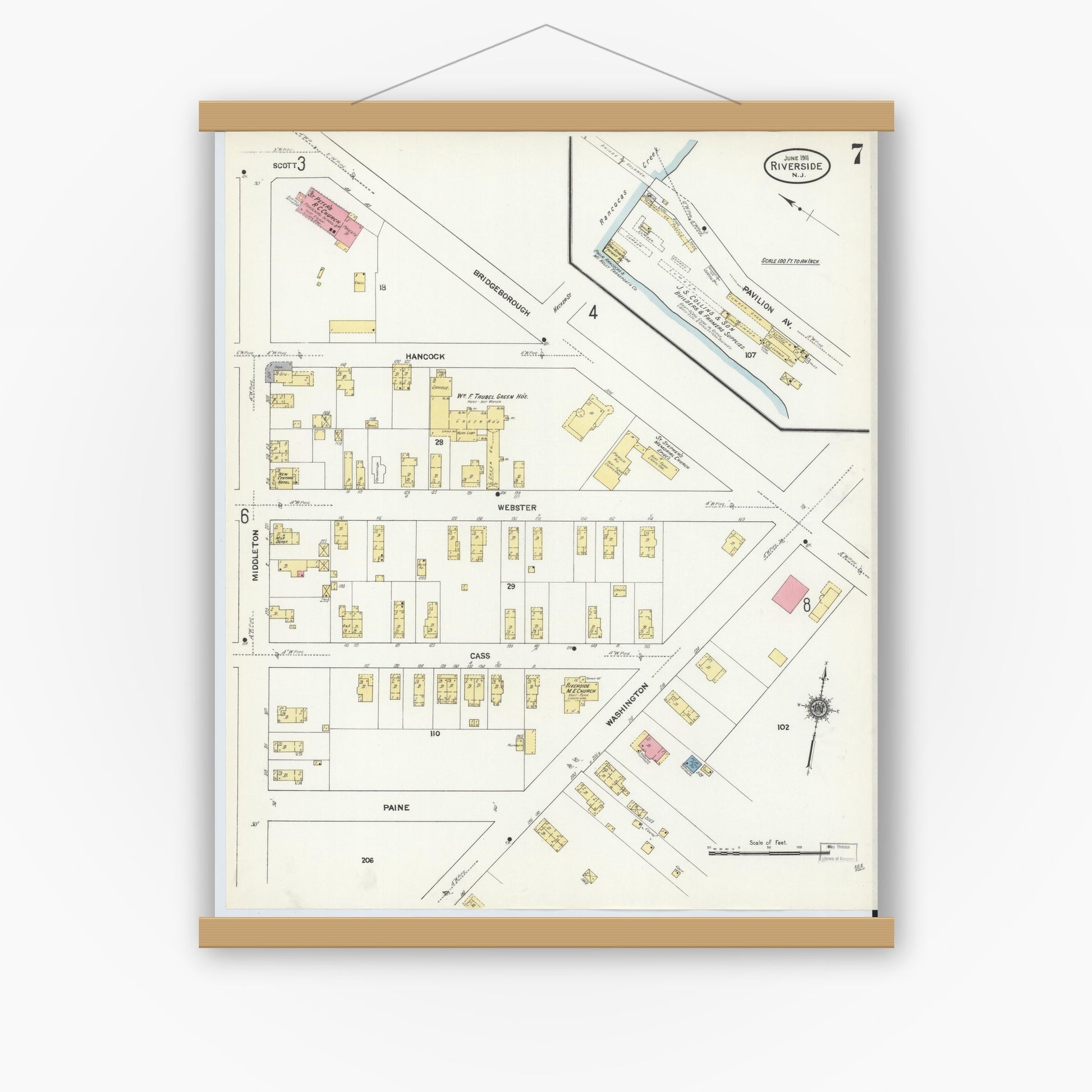 Old map wall art mockup — magnetic wood frame on white wall — Sanborn Fire Insurance Map from Riverside, Burlington County, New Jersey (1911), Sheet #0007