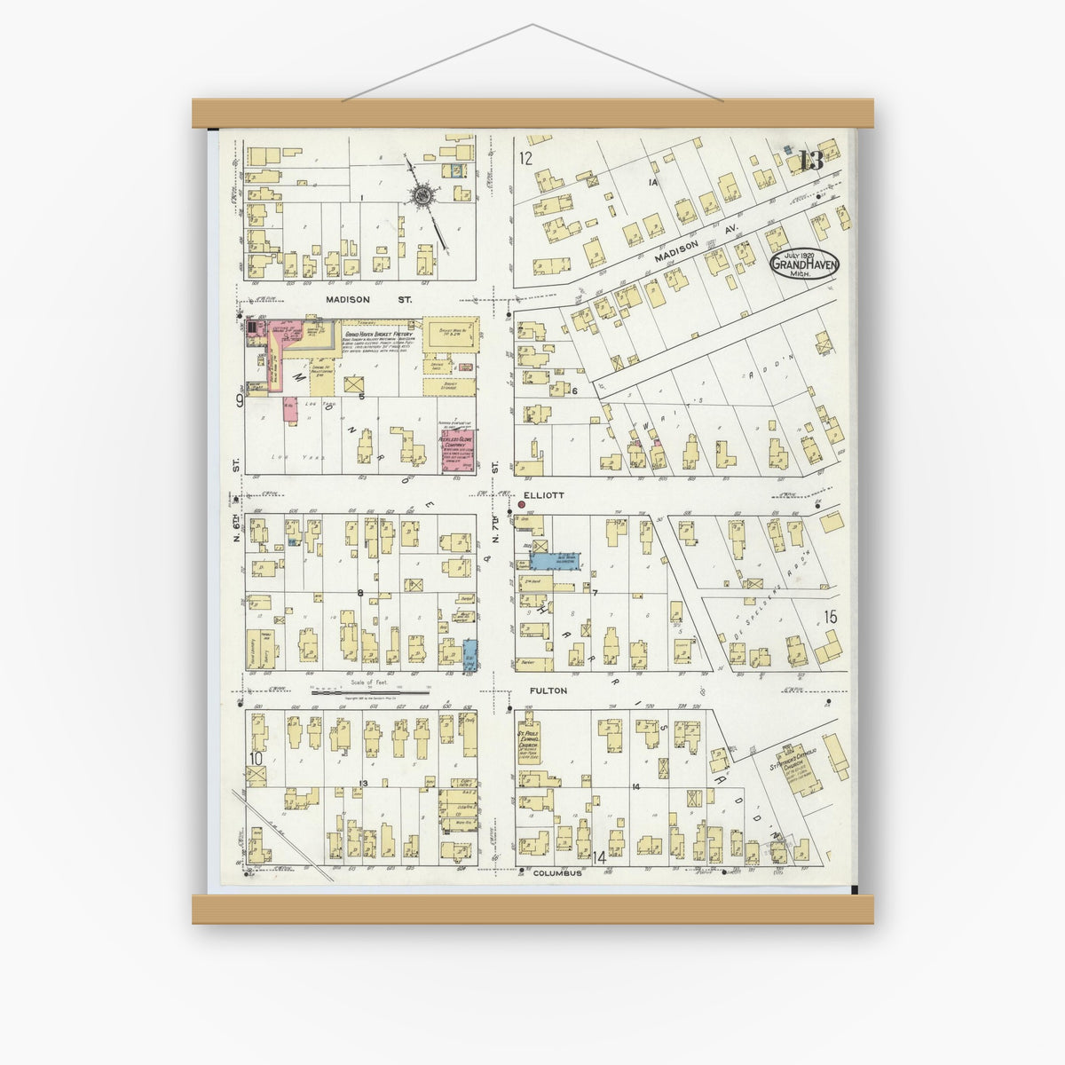 Old map wall art mockup — magnetic wood frame on white wall — Sanborn Fire Insurance Map from Grand Haven, Ottawa County, Michigan (1920), Sheet #0013