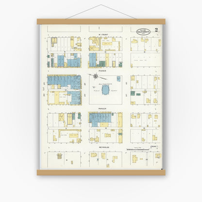 Old map wall art mockup — magnetic wood frame on white wall — Sanborn Fire Insurance Map from Goldthwaite, Mills County, Texas (1909), Sheet #0002