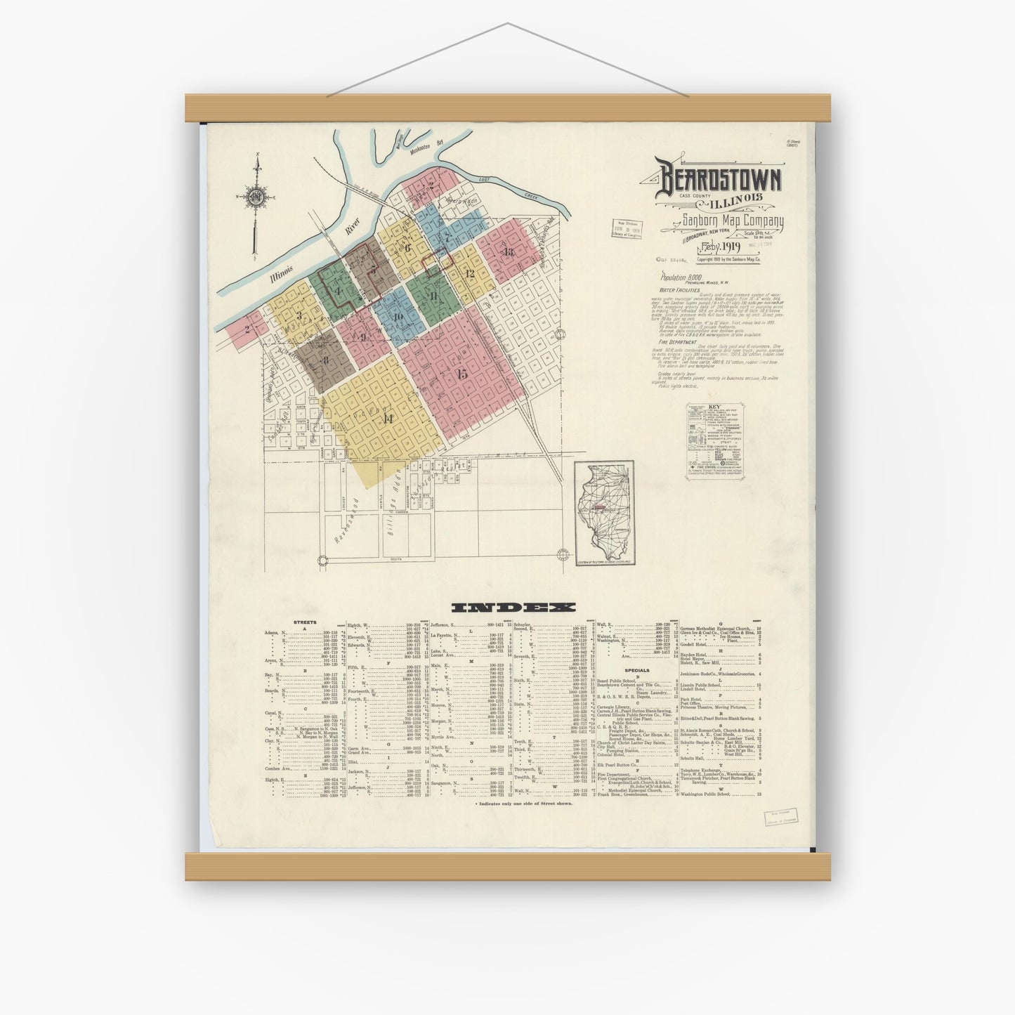 Old map wall art mockup — magnetic wood frame on white wall — Sanborn Fire Insurance Map from Beardstown, Cass County, Illinois (1919), Sheet #0001