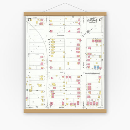 Old map wall art mockup — magnetic wood frame on white wall — Sanborn Fire Insurance Map from Jefferson City, Cole County, Missouri (1923), Sheet #0017
