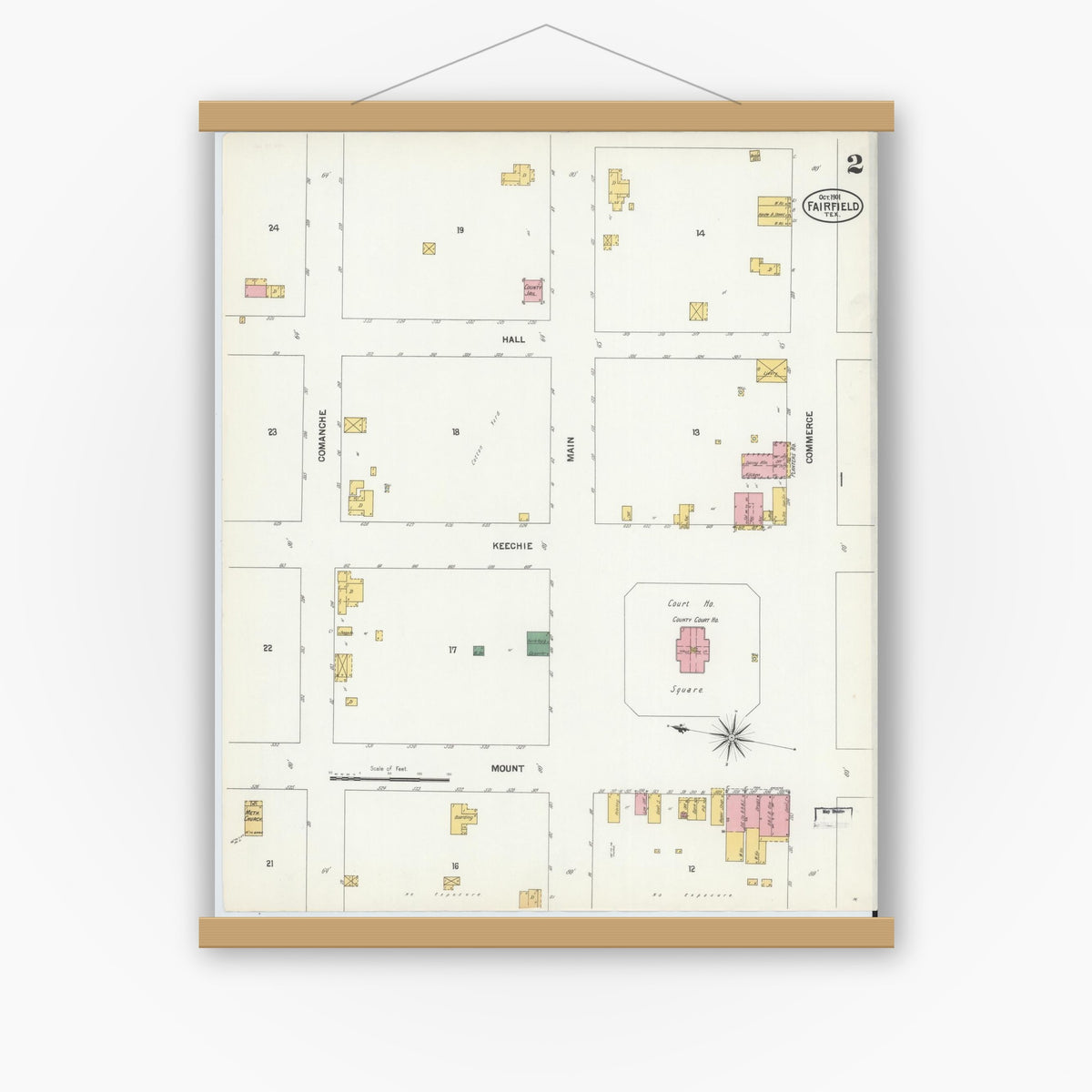 Old map wall art mockup — magnetic wood frame on white wall — Sanborn Fire Insurance Map from Fairfield, Freestone County, Texas (1901), Sheet #0002