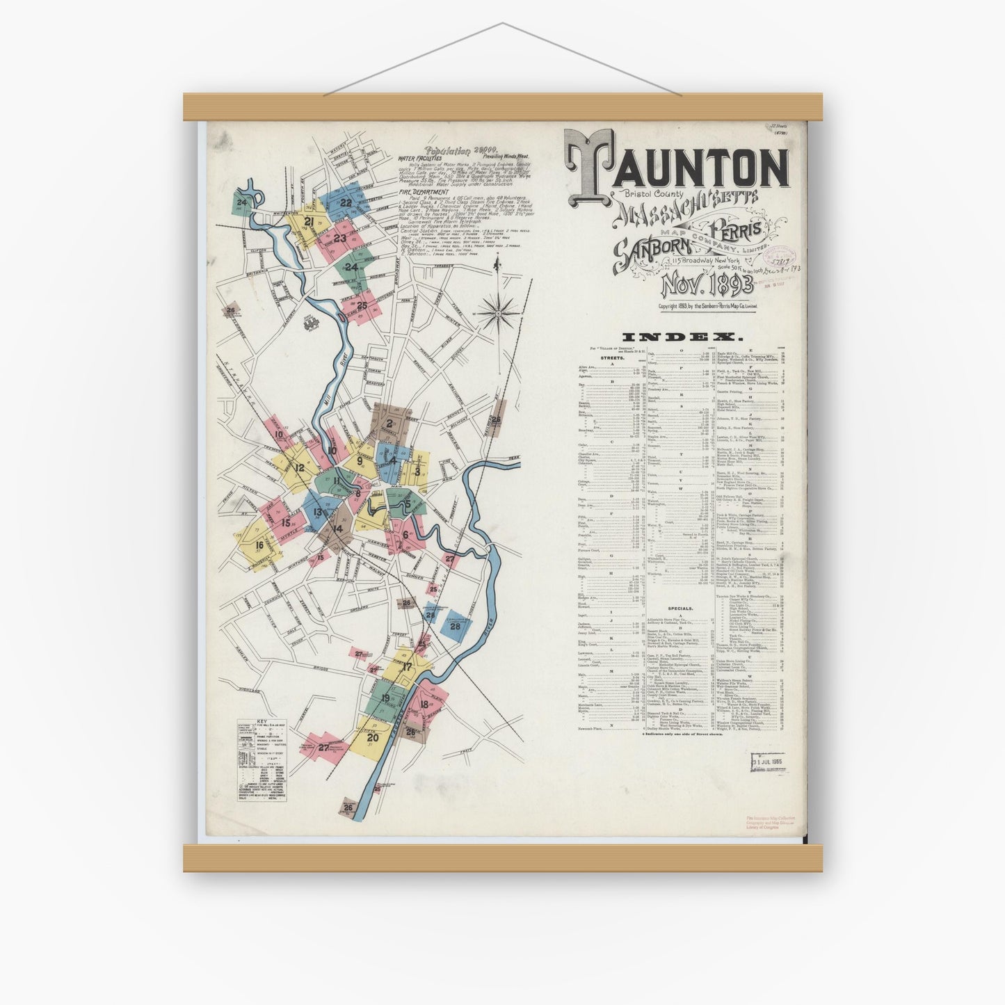 Old map wall art mockup — magnetic wood frame on white wall — Sanborn Fire Insurance Map from Taunton, Bristol County, Massachusetts (1893), Sheet #0001