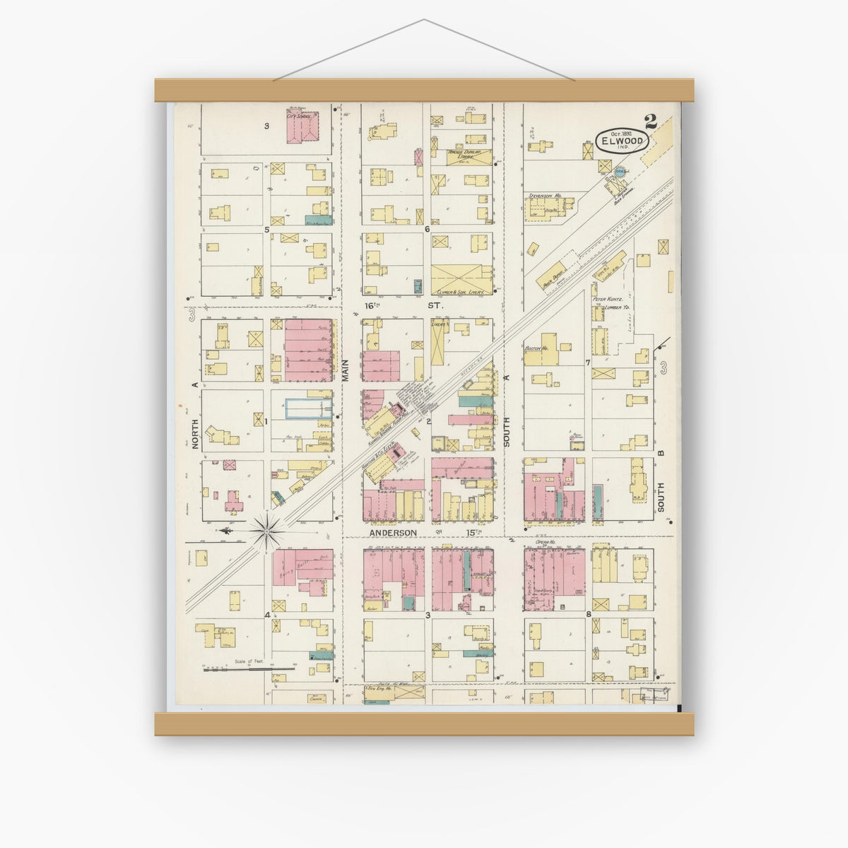 Old map wall art mockup — magnetic wood frame on white wall — Sanborn Fire Insurance Map from Elwood, Madison County, Indiana (1892), Sheet #0002