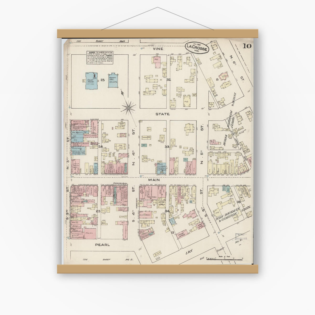 Old map wall art mockup — magnetic wood frame on white wall — Sanborn Fire Insurance Map from La Crosse, La Crosse County, Wisconsin (1884), Sheet #0010