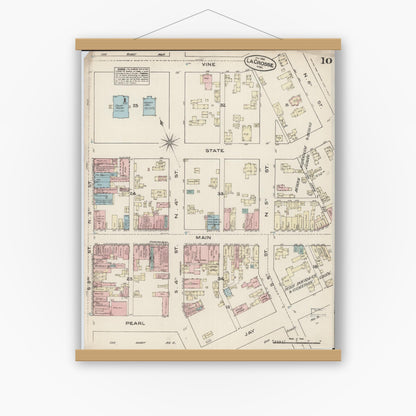 Old map wall art mockup — magnetic wood frame on white wall — Sanborn Fire Insurance Map from La Crosse, La Crosse County, Wisconsin (1884), Sheet #0010