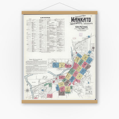 Old map wall art mockup — magnetic wood frame on white wall — Sanborn Fire Insurance Map from Mankato, Blue Earth County, Minnesota (1908) - Complete Map Set