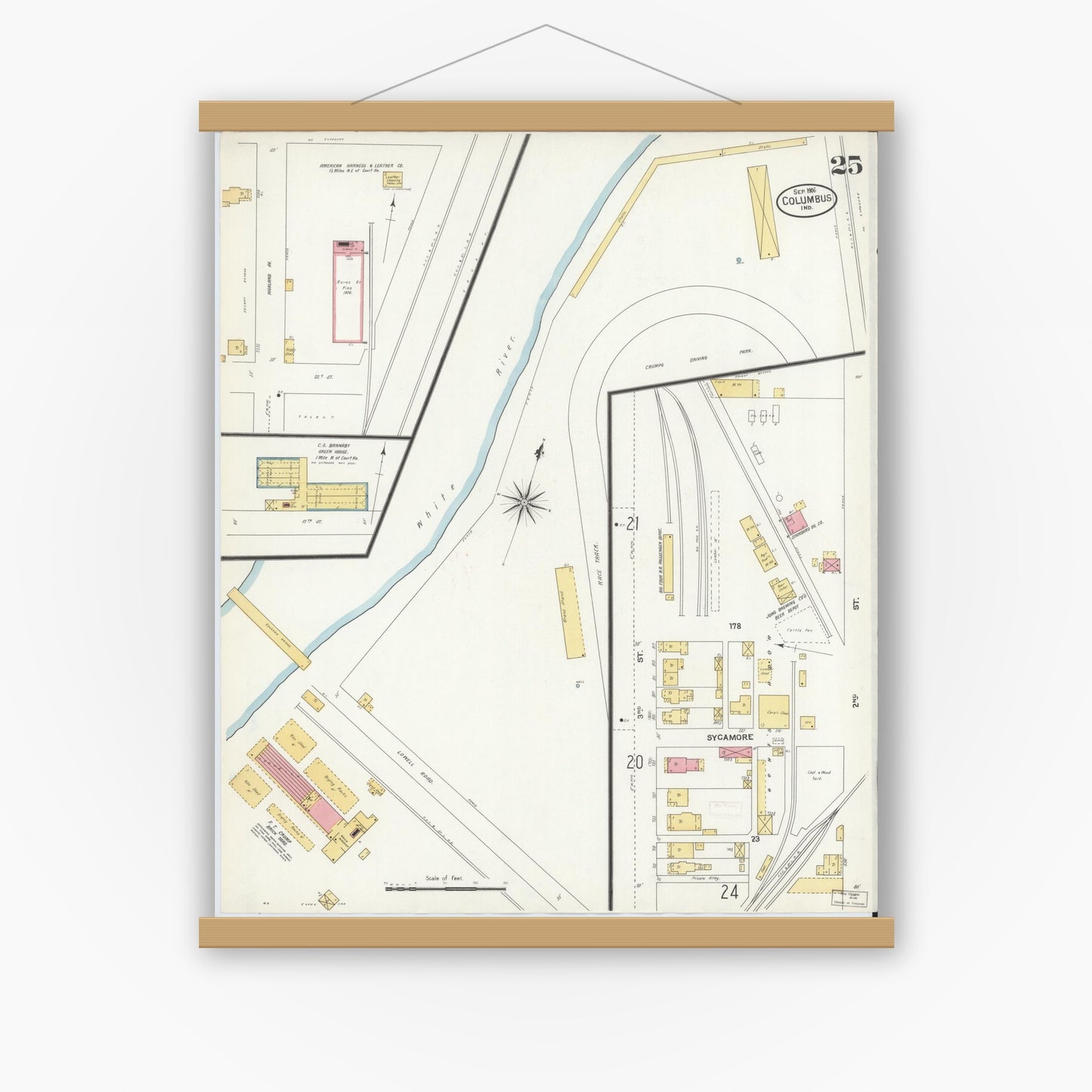 Old map wall art mockup — magnetic wood frame on white wall — Sanborn Fire Insurance Map from Columbus, Bartholomew County, Indiana (1906), Sheet #0025