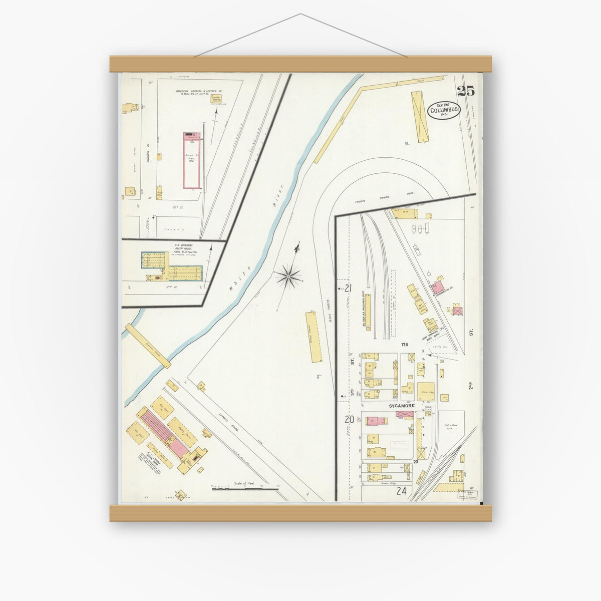 Old map wall art mockup — magnetic wood frame on white wall — Sanborn Fire Insurance Map from Columbus, Bartholomew County, Indiana (1906), Sheet #0025