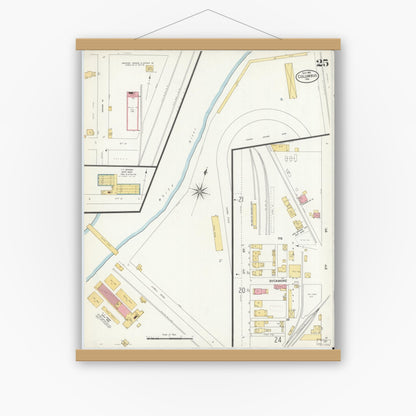 Old map wall art mockup — magnetic wood frame on white wall — Sanborn Fire Insurance Map from Columbus, Bartholomew County, Indiana (1906), Sheet #0025