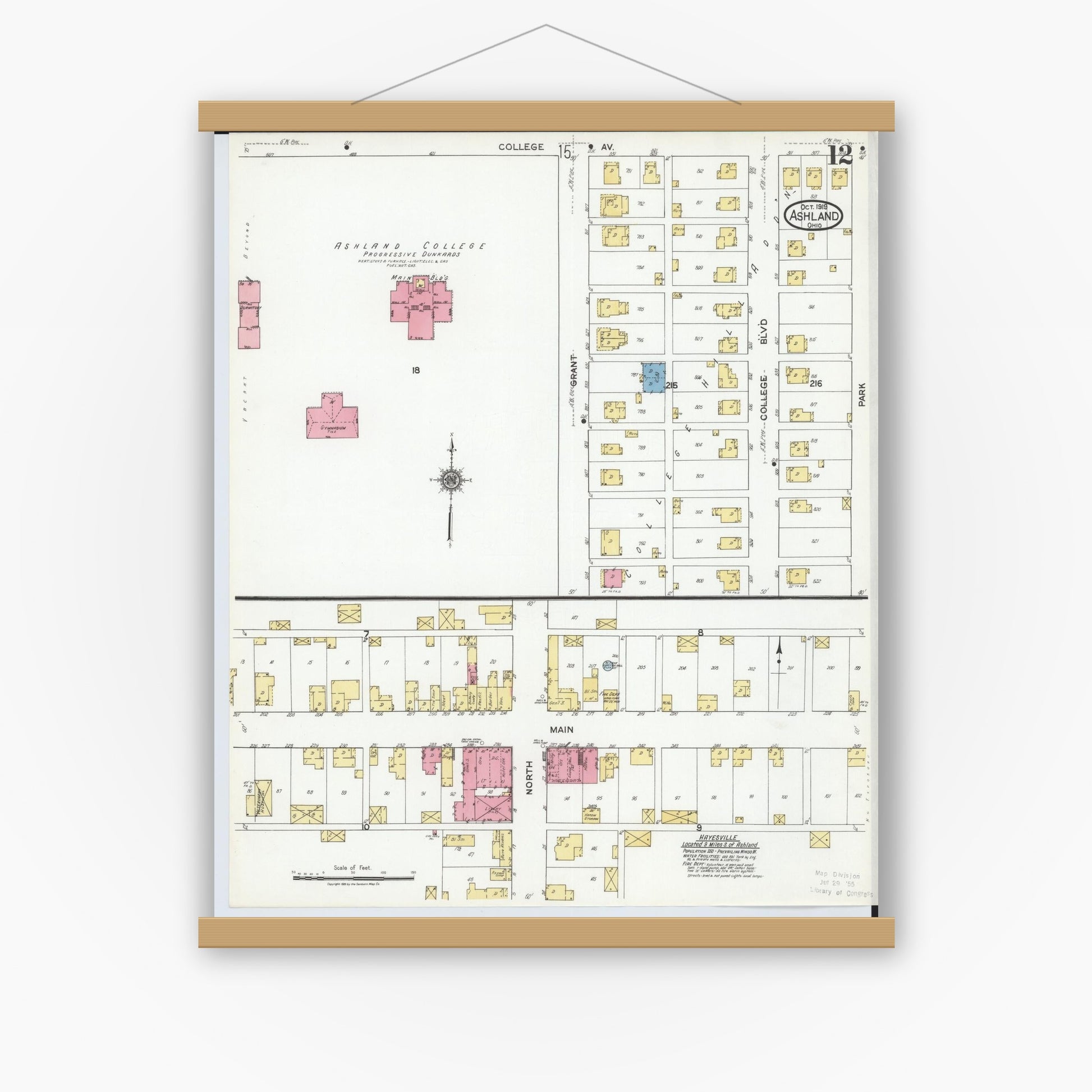 Old map wall art mockup — magnetic wood frame on white wall — Sanborn Fire Insurance Map from Ashland, Ashland County, Ohio (1919), Sheet #0012