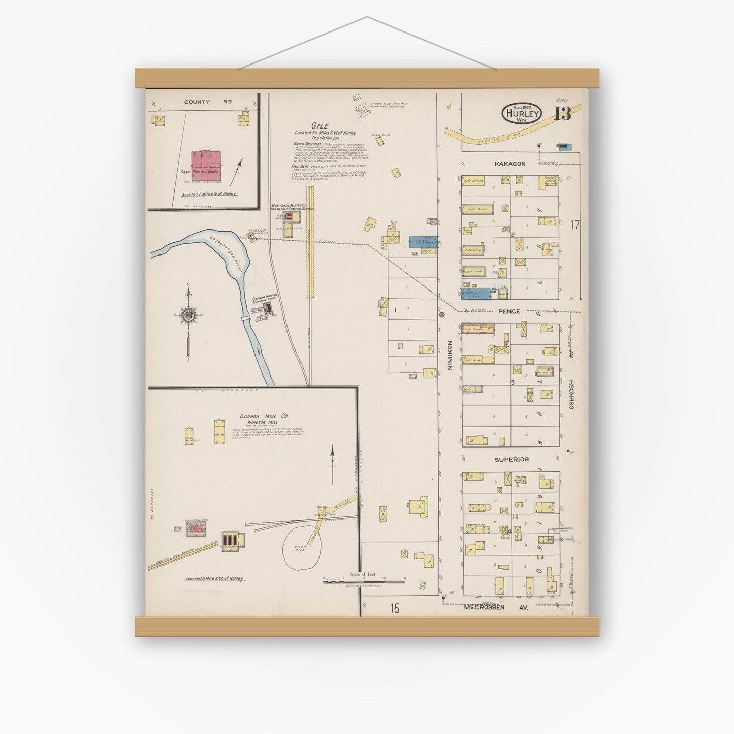 Old map wall art mockup — magnetic wood frame on white wall — Sanborn Fire Insurance Map from Hurley, Iron County, Wisconsin (1922), Sheet #0013