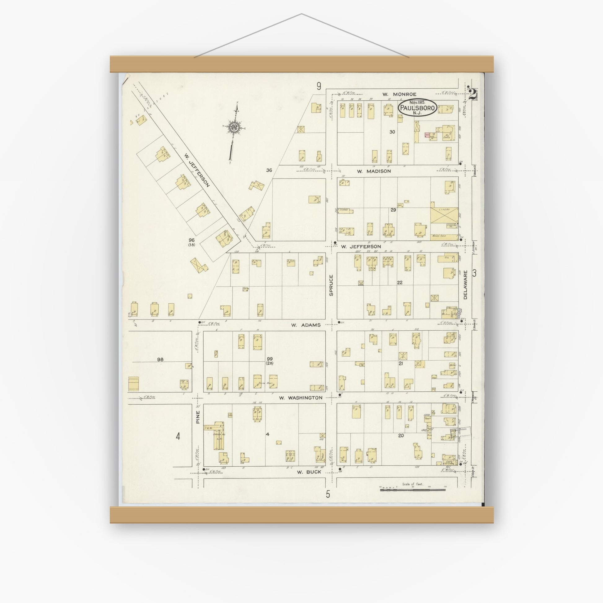 Old map wall art mockup — magnetic wood frame on white wall — Sanborn Fire Insurance Map from Paulsboro, Gloucester County, New Jersey (1915), Sheet #0002