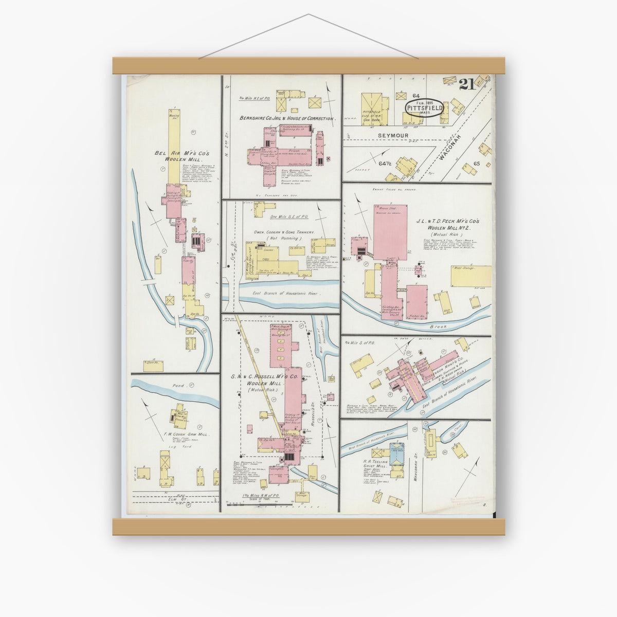 Old map wall art mockup — magnetic wood frame on white wall — Sanborn Fire Insurance Map from Pittsfield, Berkshire County, Massachusetts (1895), Sheet #0021