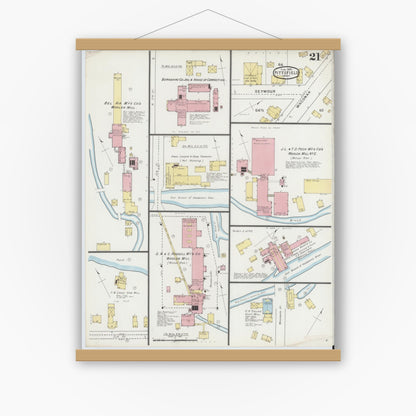 Old map wall art mockup — magnetic wood frame on white wall — Sanborn Fire Insurance Map from Pittsfield, Berkshire County, Massachusetts (1895), Sheet #0021