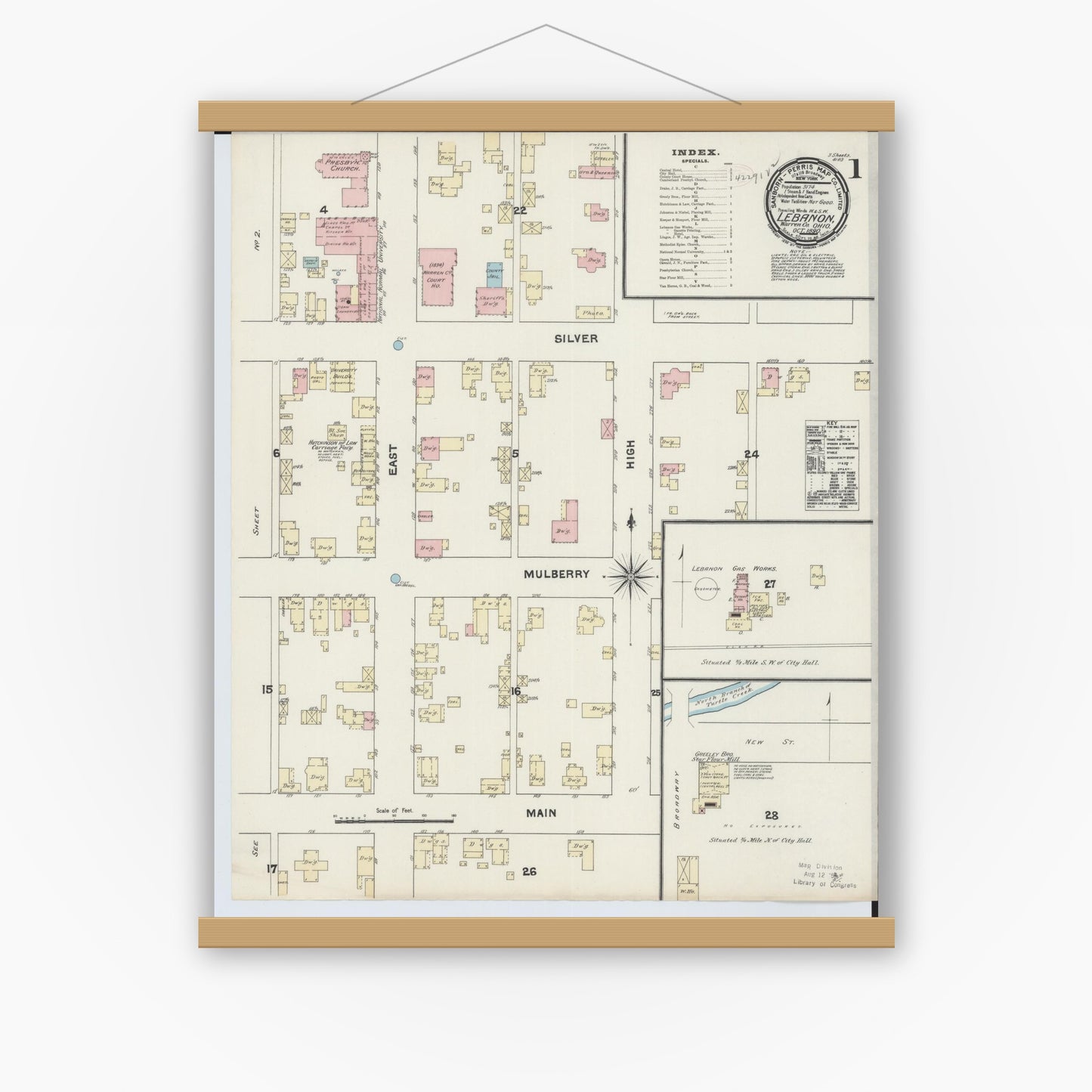 Old map wall art mockup — magnetic wood frame on white wall — Sanborn Fire Insurance Map from Lebanon, Warren County, Ohio (1890) - Complete Map Set