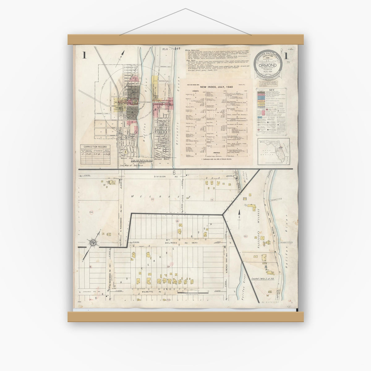 Old map wall art mockup — magnetic wood frame on white wall — Sanborn Fire Insurance Map from Ormond, Volusia County, Florida (1931), Sheet #0001