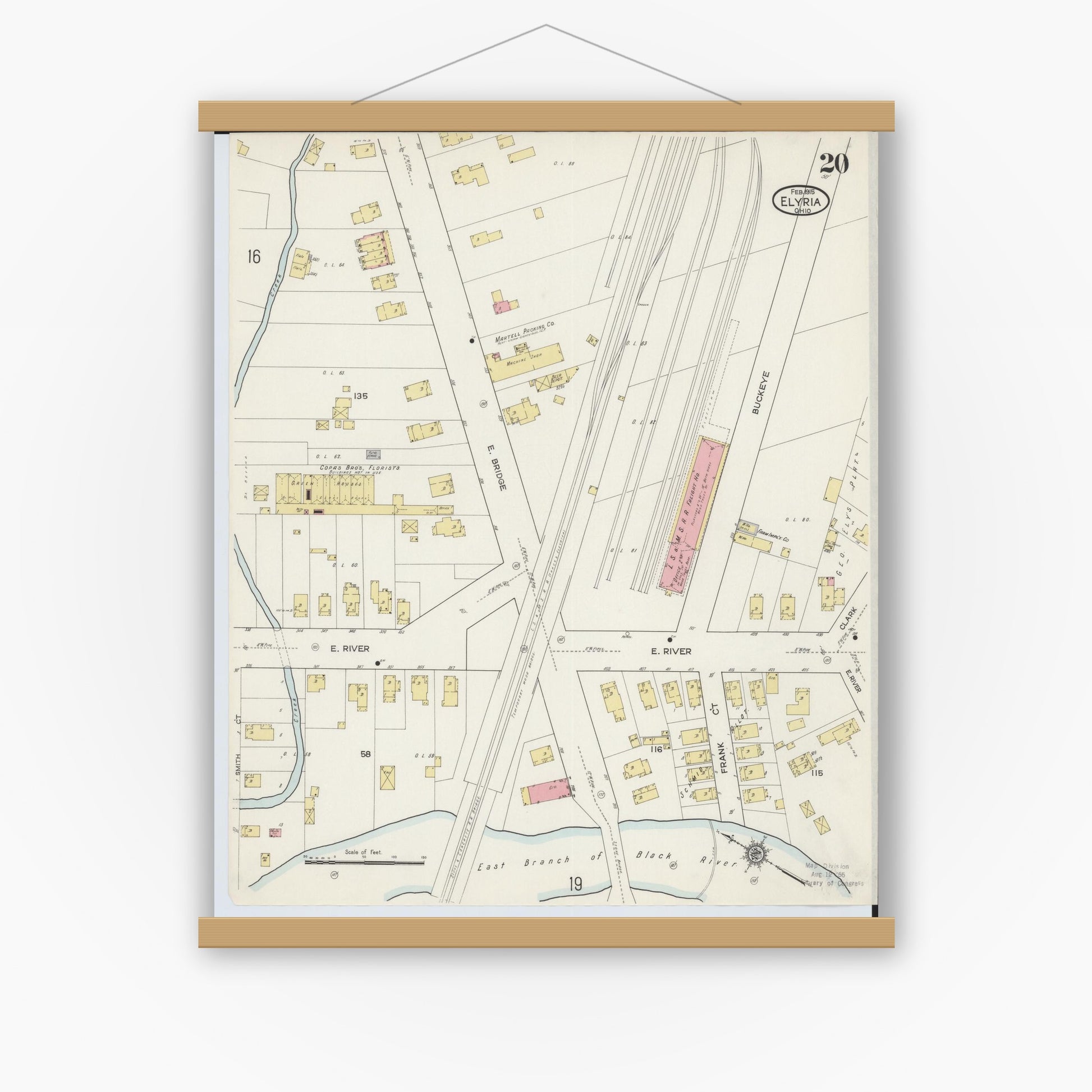 Old map wall art mockup — magnetic wood frame on white wall — Sanborn Fire Insurance Map from Elyria, Lorain County, Ohio (1915), Sheet #0020