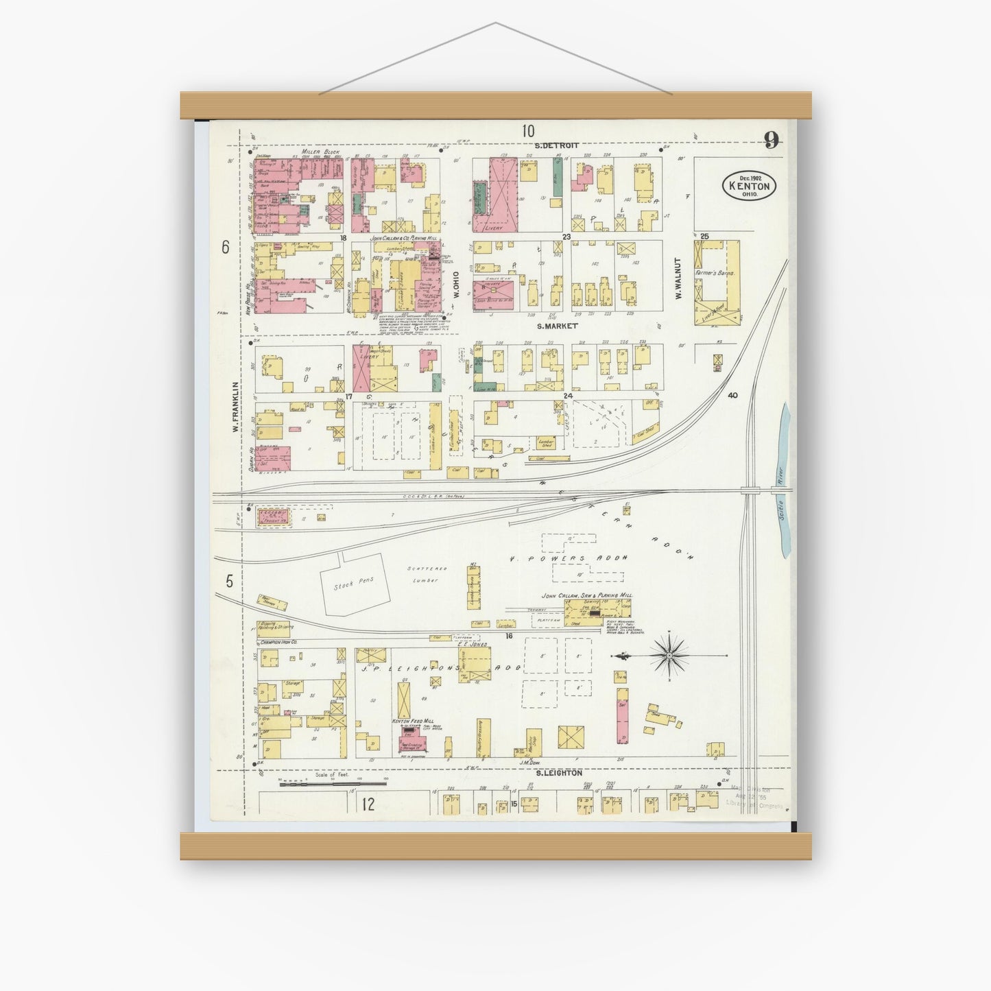 Old map wall art mockup — magnetic wood frame on white wall — Sanborn Fire Insurance Map from Kenton, Hardin County, Ohio (1902), Sheet #0009