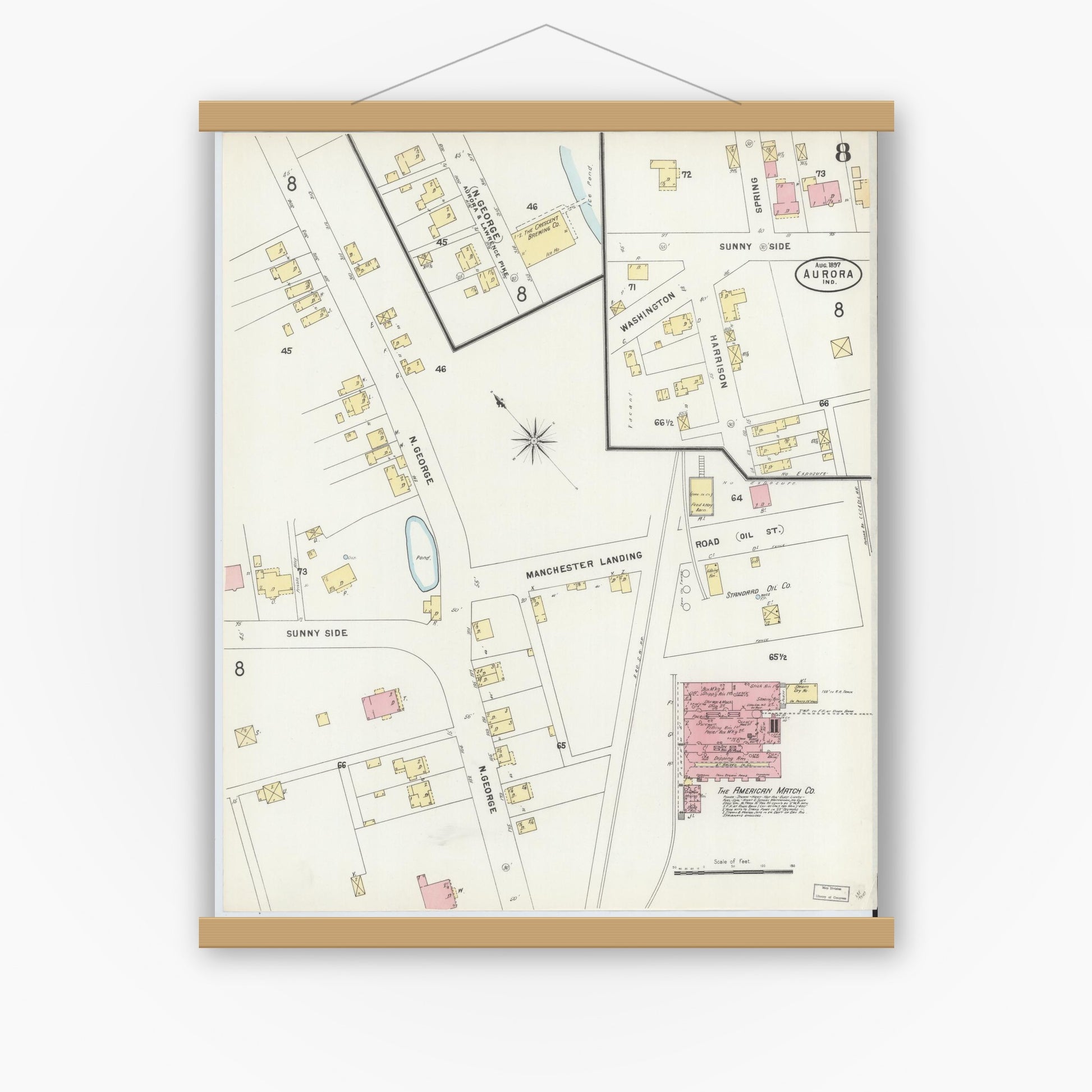 Old map wall art mockup — magnetic wood frame on white wall — Sanborn Fire Insurance Map from Aurora, Dearborn County, Indiana (1897), Sheet #0008