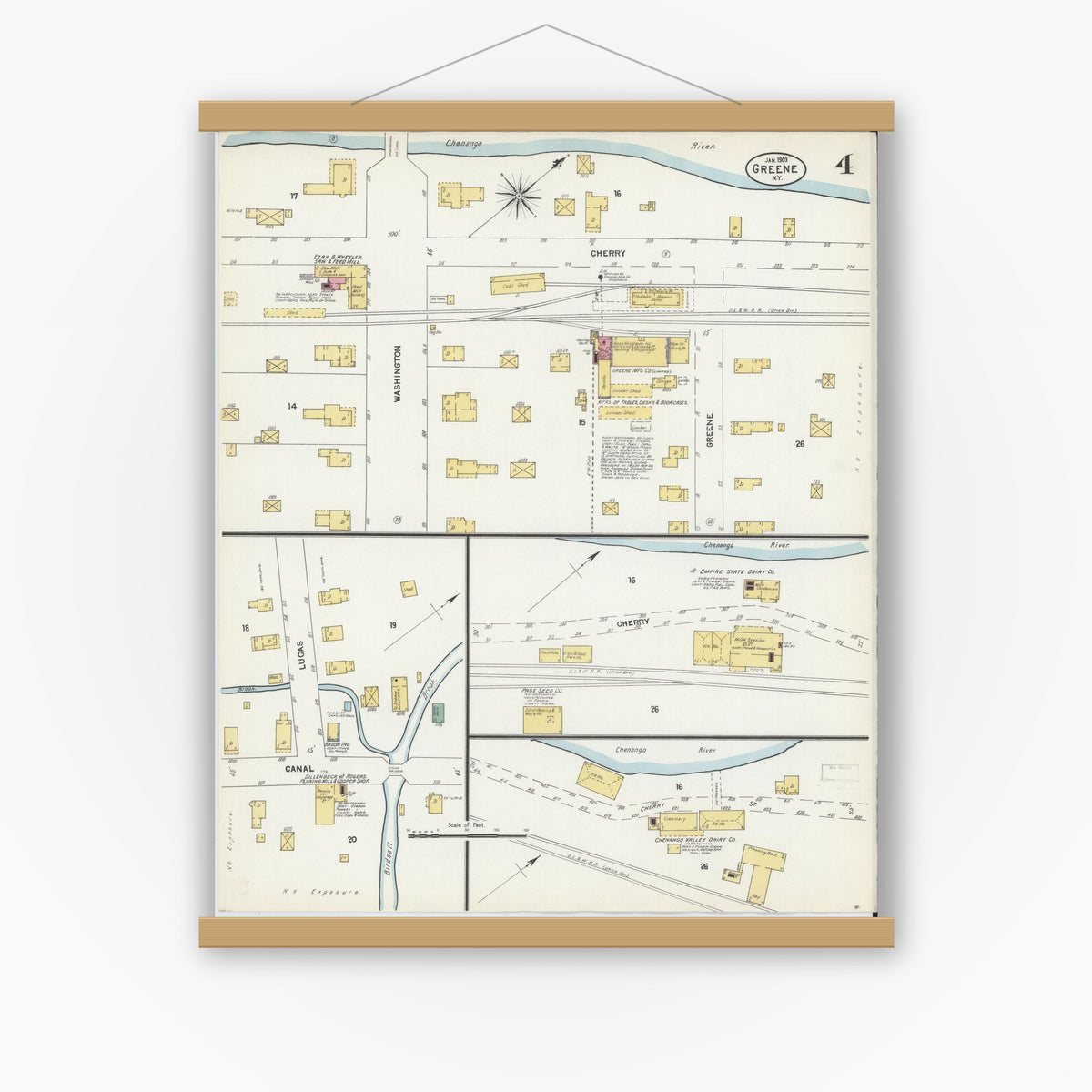 Old map wall art mockup — magnetic wood frame on white wall — Sanborn Fire Insurance Map from Greene, Chenango County, New York (1903), Sheet #0004