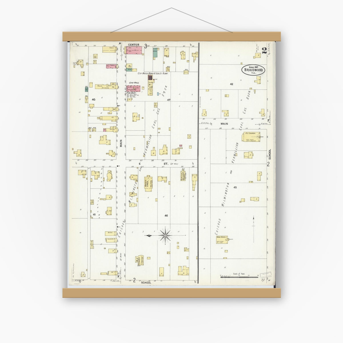 Old map wall art mockup — magnetic wood frame on white wall — Sanborn Fire Insurance Map from Braidwood, Will County, Illinois (1907), Sheet #0002