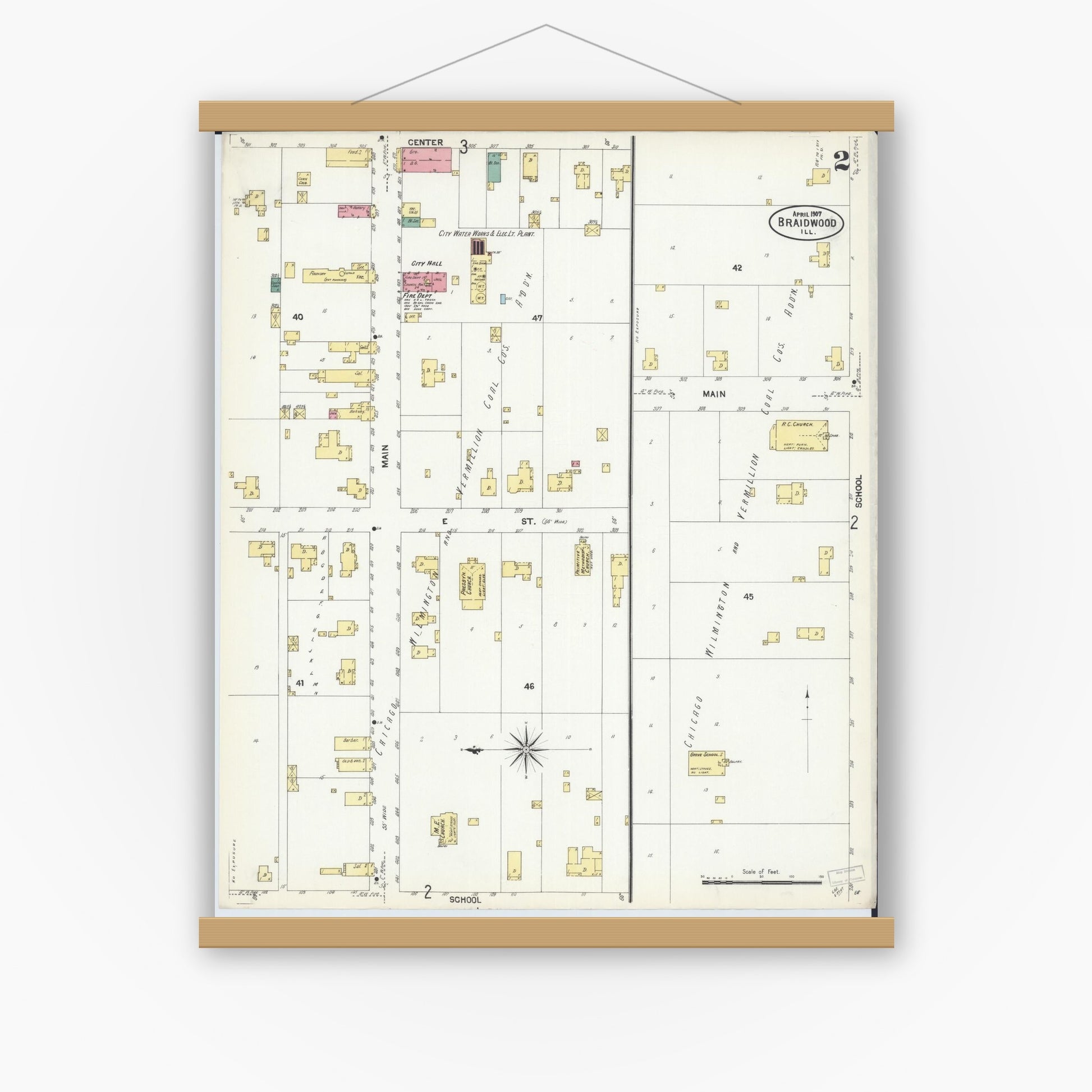 Old map wall art mockup — magnetic wood frame on white wall — Sanborn Fire Insurance Map from Braidwood, Will County, Illinois (1907), Sheet #0002