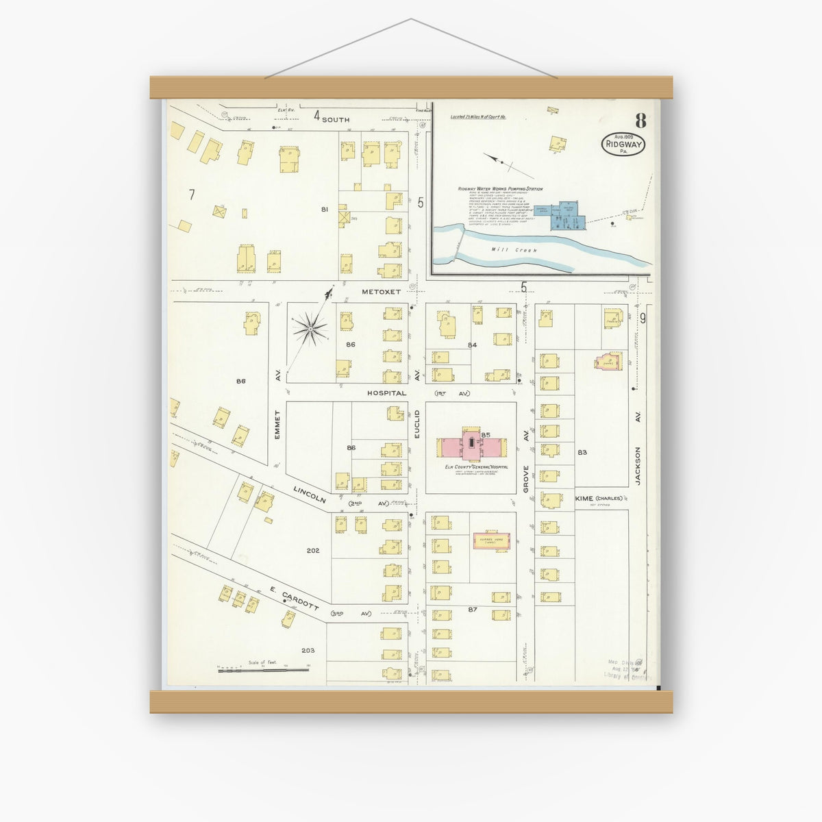Old map wall art mockup — magnetic wood frame on white wall — Sanborn Fire Insurance Map from Ridgway, Elk County, Pennsylvania (1909), Sheet #0008