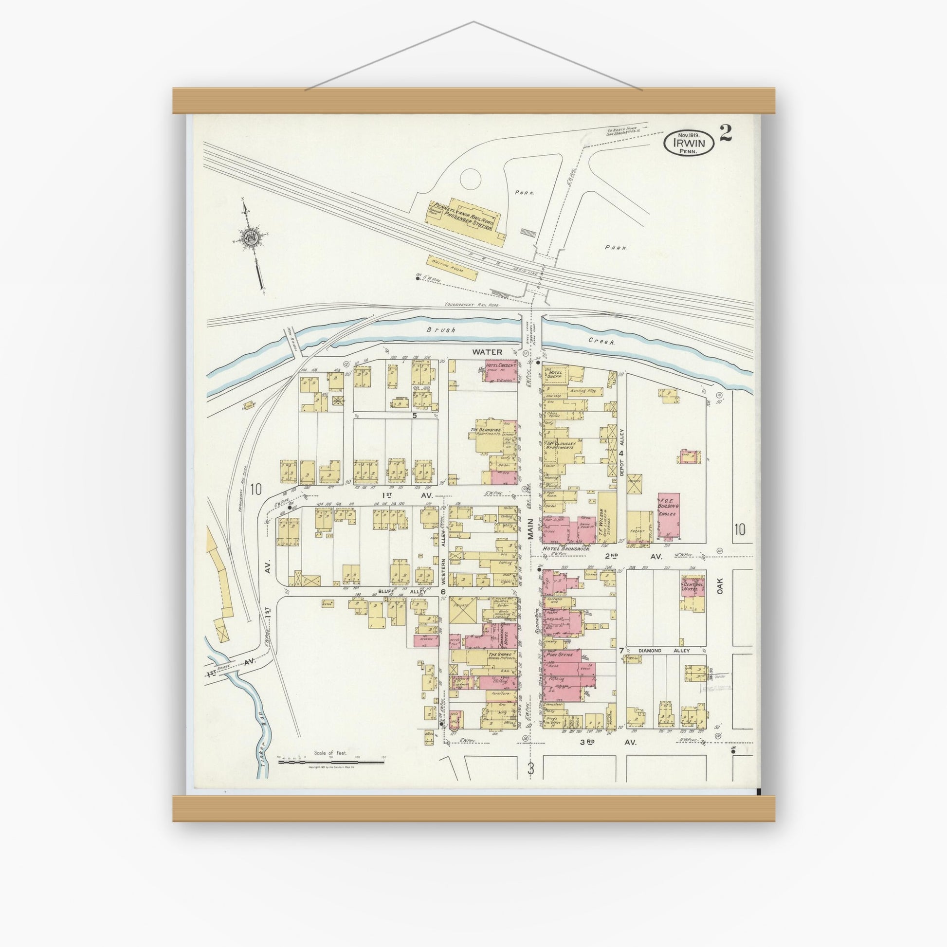 Old map wall art mockup — magnetic wood frame on white wall — Sanborn Fire Insurance Map from Irwin, Westmoreland County, Pennsylvania (1919), Sheet #0002