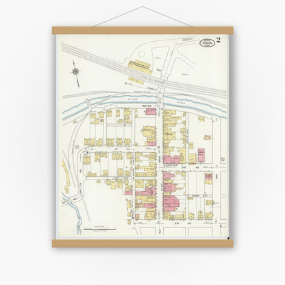 Old map wall art mockup — magnetic wood frame on white wall — Sanborn Fire Insurance Map from Irwin, Westmoreland County, Pennsylvania (1919), Sheet #0002