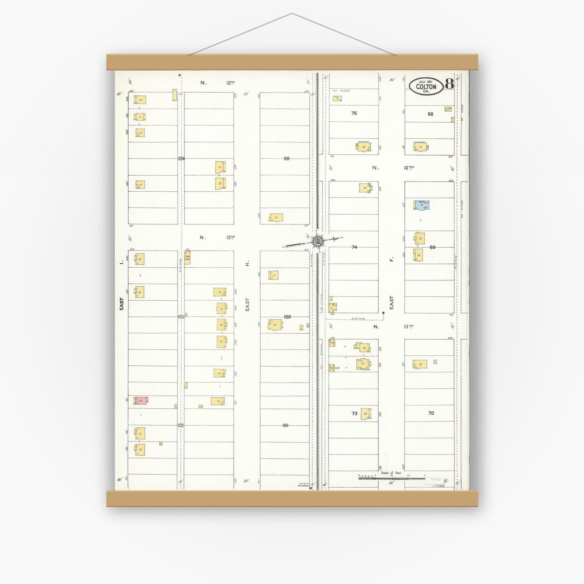 Old map wall art mockup — magnetic wood frame on white wall — Sanborn Fire Insurance Map from Colton, San Bernardino County, California (1911), Sheet #0008