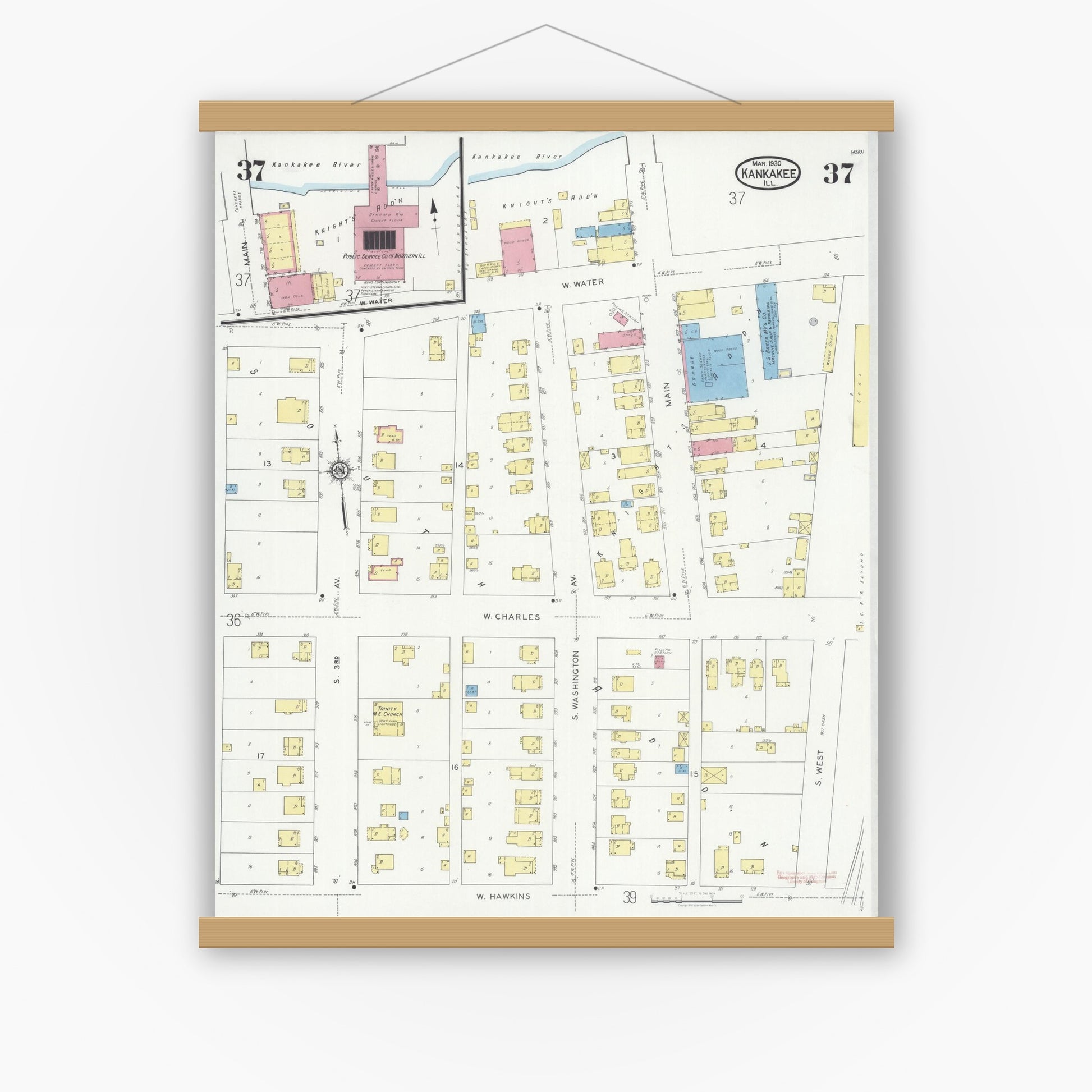 Old map wall art mockup — magnetic wood frame on white wall — Sanborn Fire Insurance Map from Kankakee, Kankakee County, Illinois (1930), Sheet #0037