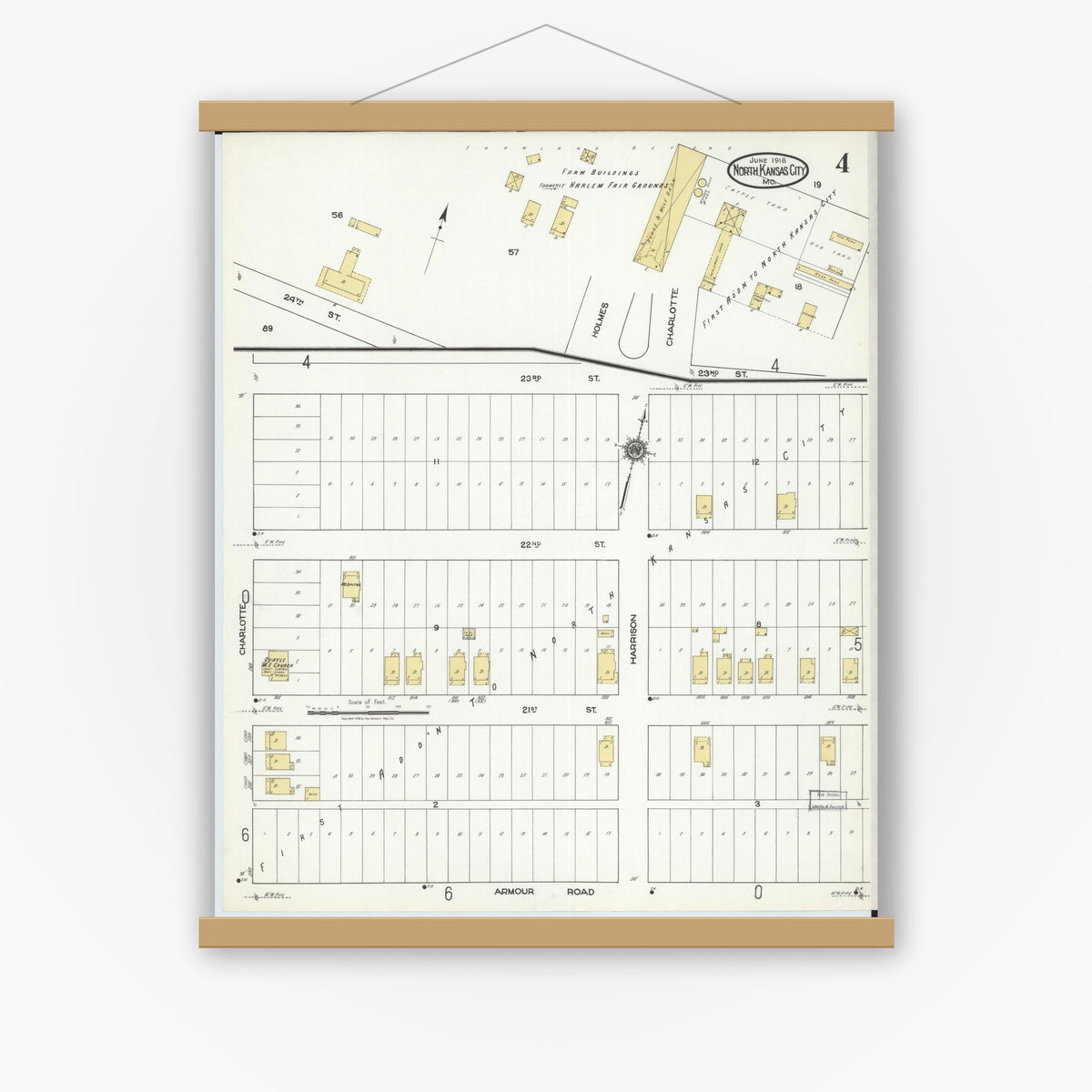 Old map wall art mockup — magnetic wood frame on white wall — Sanborn Fire Insurance Map from North Kansas City, Clay County, Missouri (1918), Sheet #0004
