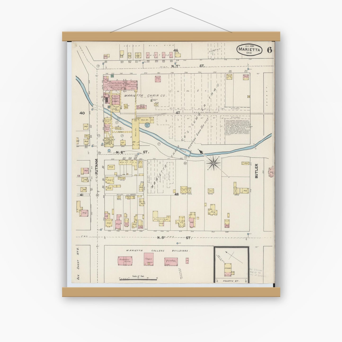 Old map wall art mockup — magnetic wood frame on white wall — Sanborn Fire Insurance Map from Marietta, Washington County, Ohio (1890), Sheet #0006