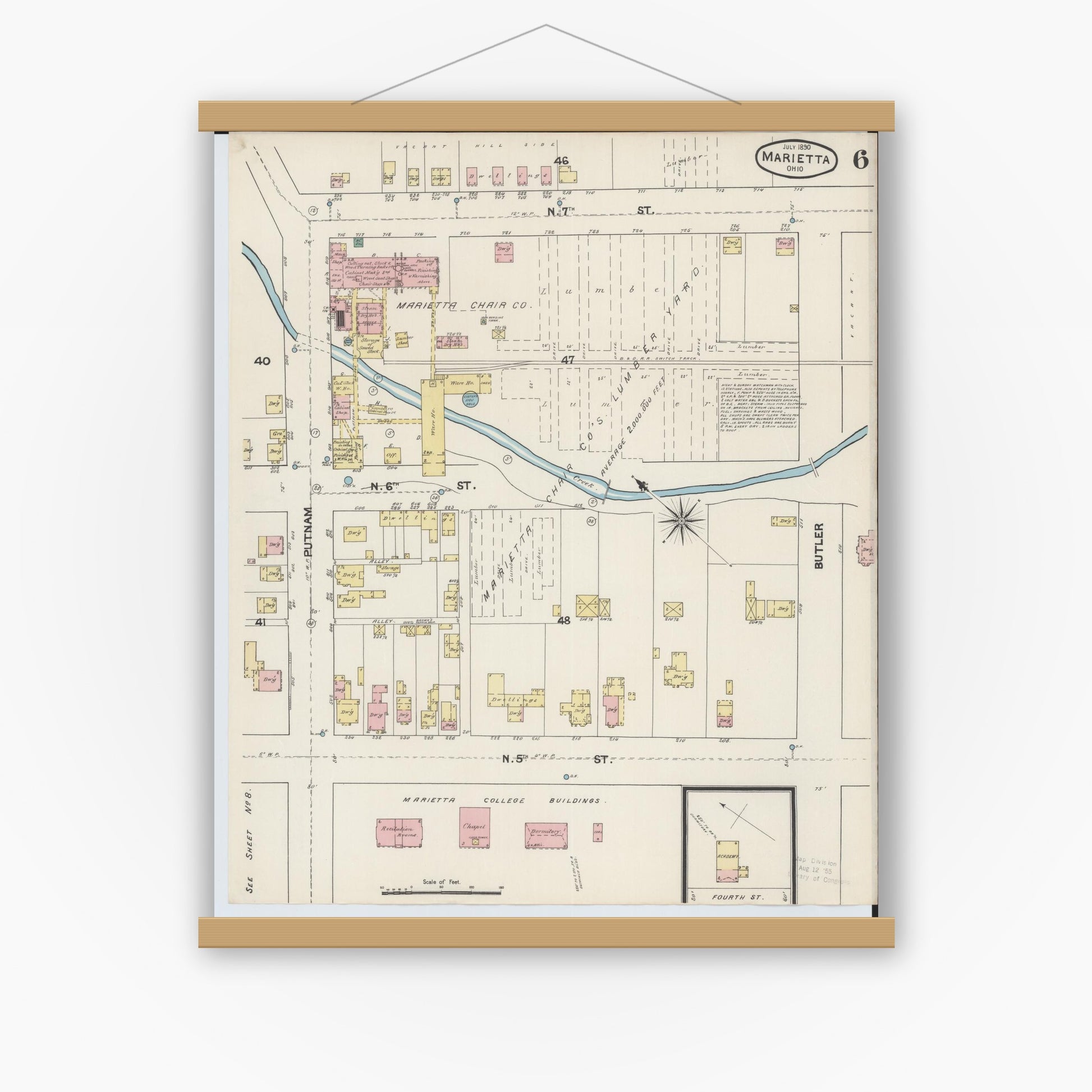 Old map wall art mockup — magnetic wood frame on white wall — Sanborn Fire Insurance Map from Marietta, Washington County, Ohio (1890), Sheet #0006
