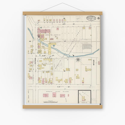 Old map wall art mockup — magnetic wood frame on white wall — Sanborn Fire Insurance Map from Marietta, Washington County, Ohio (1890), Sheet #0006