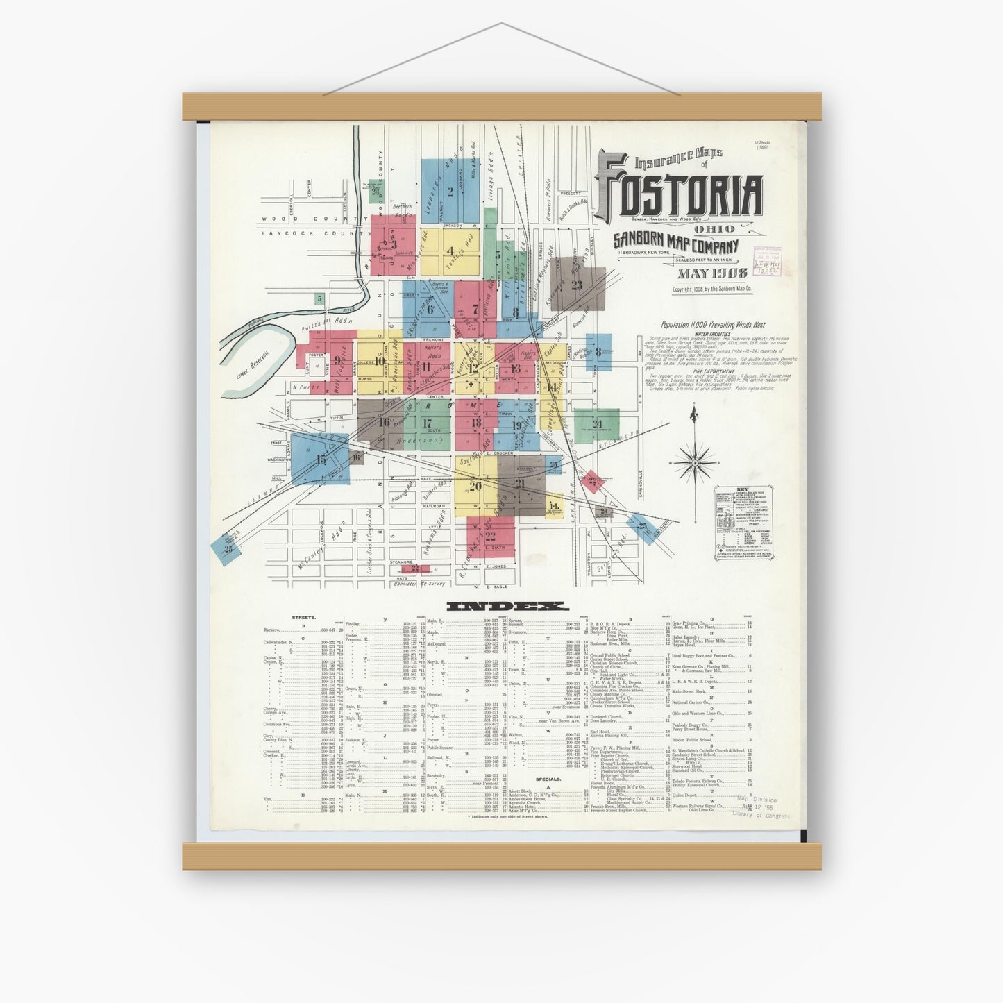 Old map wall art mockup — magnetic wood frame on white wall — Sanborn Fire Insurance Map from Fostoria, Seneca, Hancock, And Wood Counties, Ohio (1908), Sheet #0001
