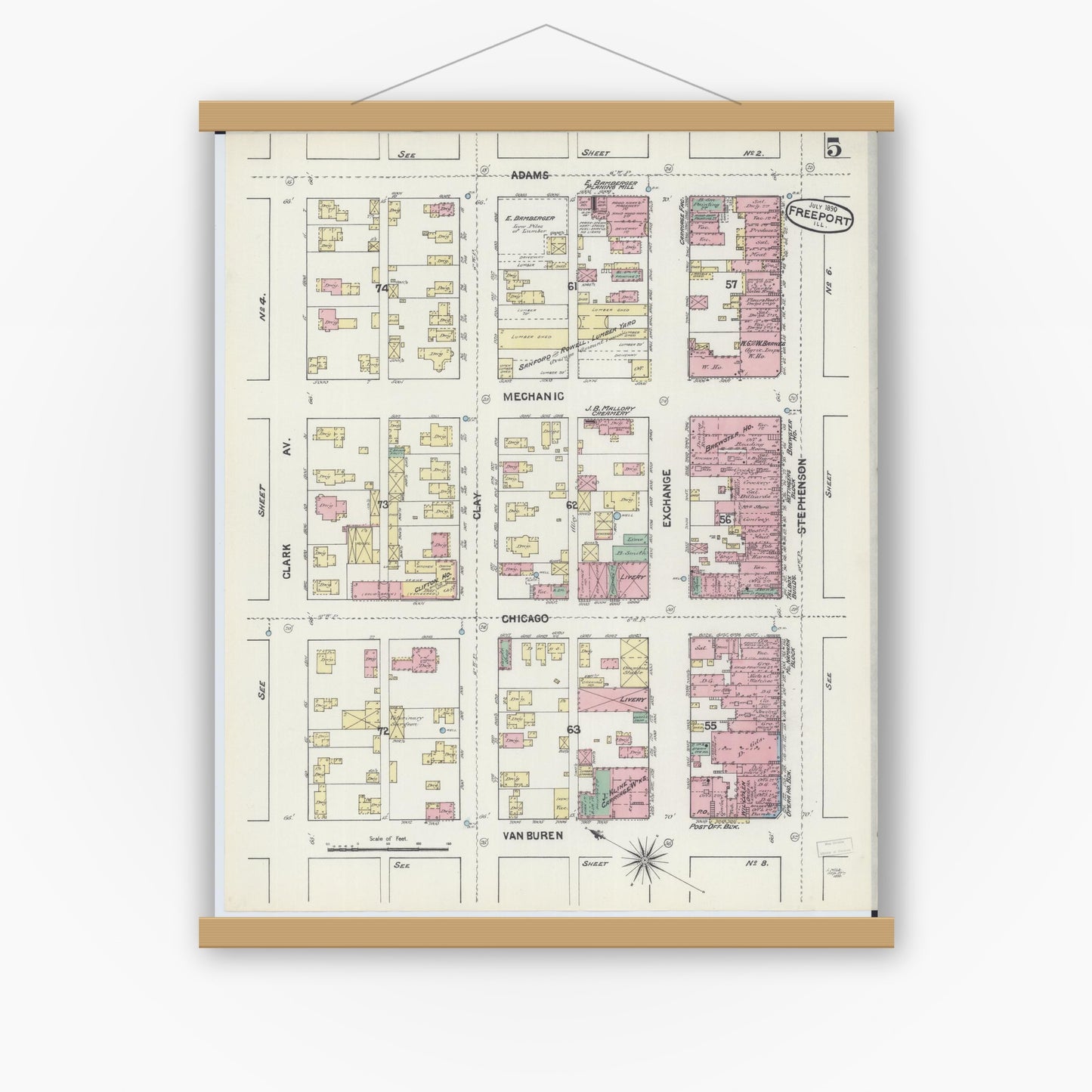 Old map wall art mockup — magnetic wood frame on white wall — Sanborn Fire Insurance Map from Freeport, Stephenson County, Illinois (1890), Sheet #0005