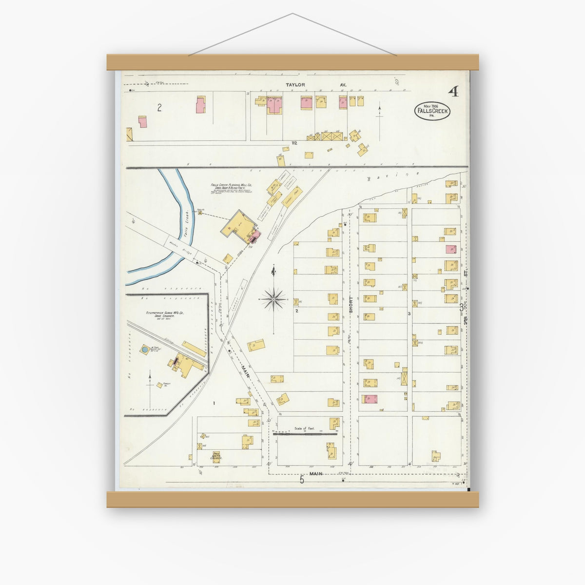 Old map wall art mockup — magnetic wood frame on white wall — Sanborn Fire Insurance Map from Falls Creek, Jefferson And Clearfield Counties, Pennsylvania (1906), Sheet #0004