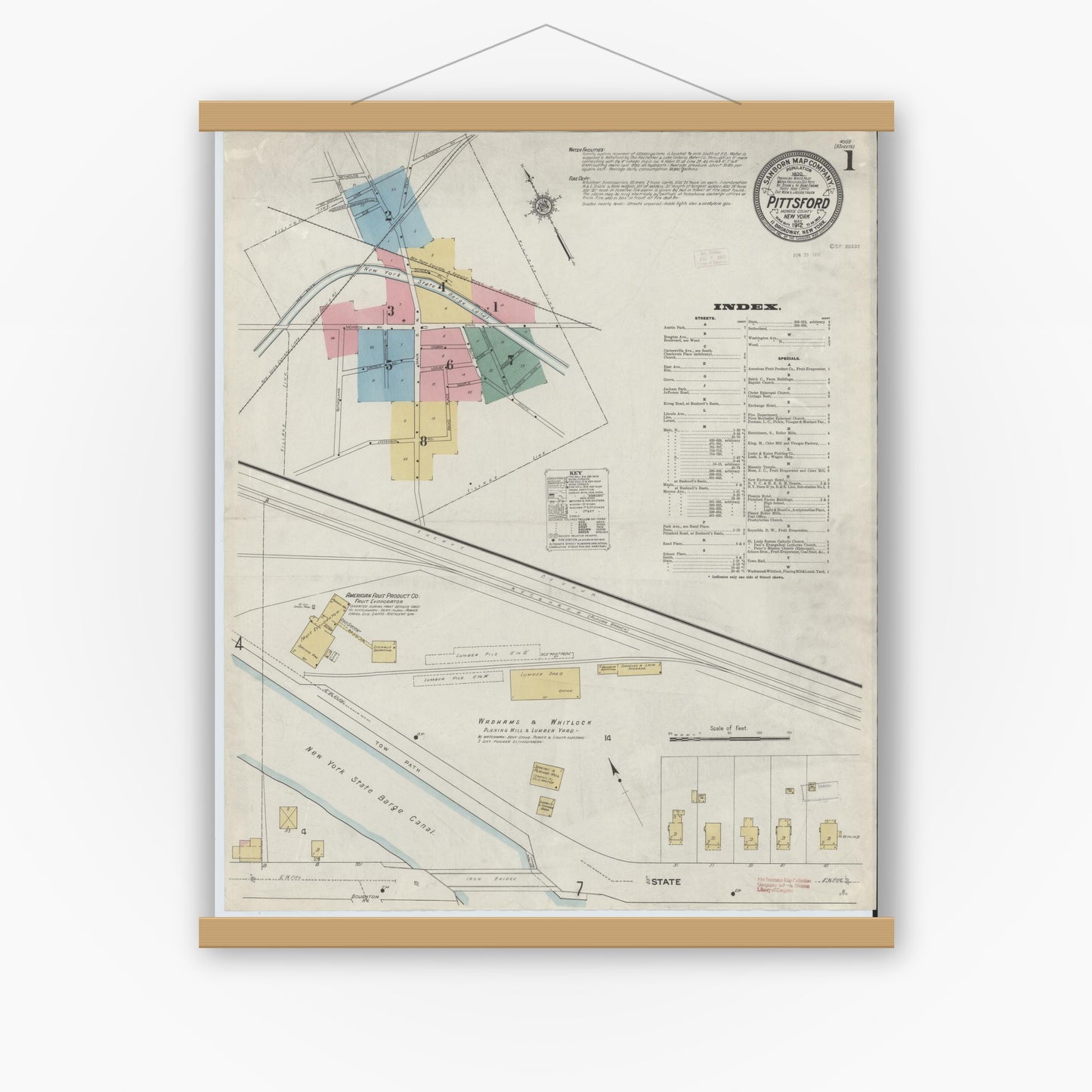 Old map wall art mockup — magnetic wood frame on white wall — Sanborn Fire Insurance Map from Pittsford, Monroe County, New York (1912), Sheet #0001