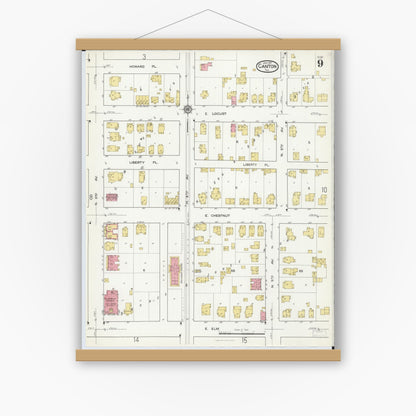 Old map wall art mockup — magnetic wood frame on white wall — Sanborn Fire Insurance Map from Canton, Fulton County, Illinois (1917), Sheet #0009