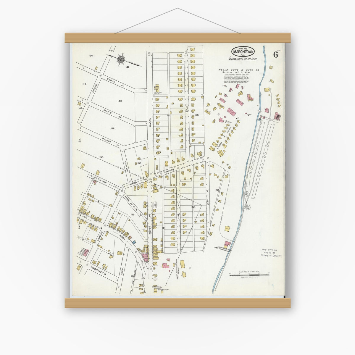 Old map wall art mockup — magnetic wood frame on white wall — Sanborn Fire Insurance Map from Masontown, Fayette County, Pennsylvania (1921), Sheet #0006