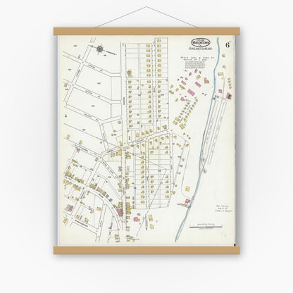 Old map wall art mockup — magnetic wood frame on white wall — Sanborn Fire Insurance Map from Masontown, Fayette County, Pennsylvania (1921), Sheet #0006