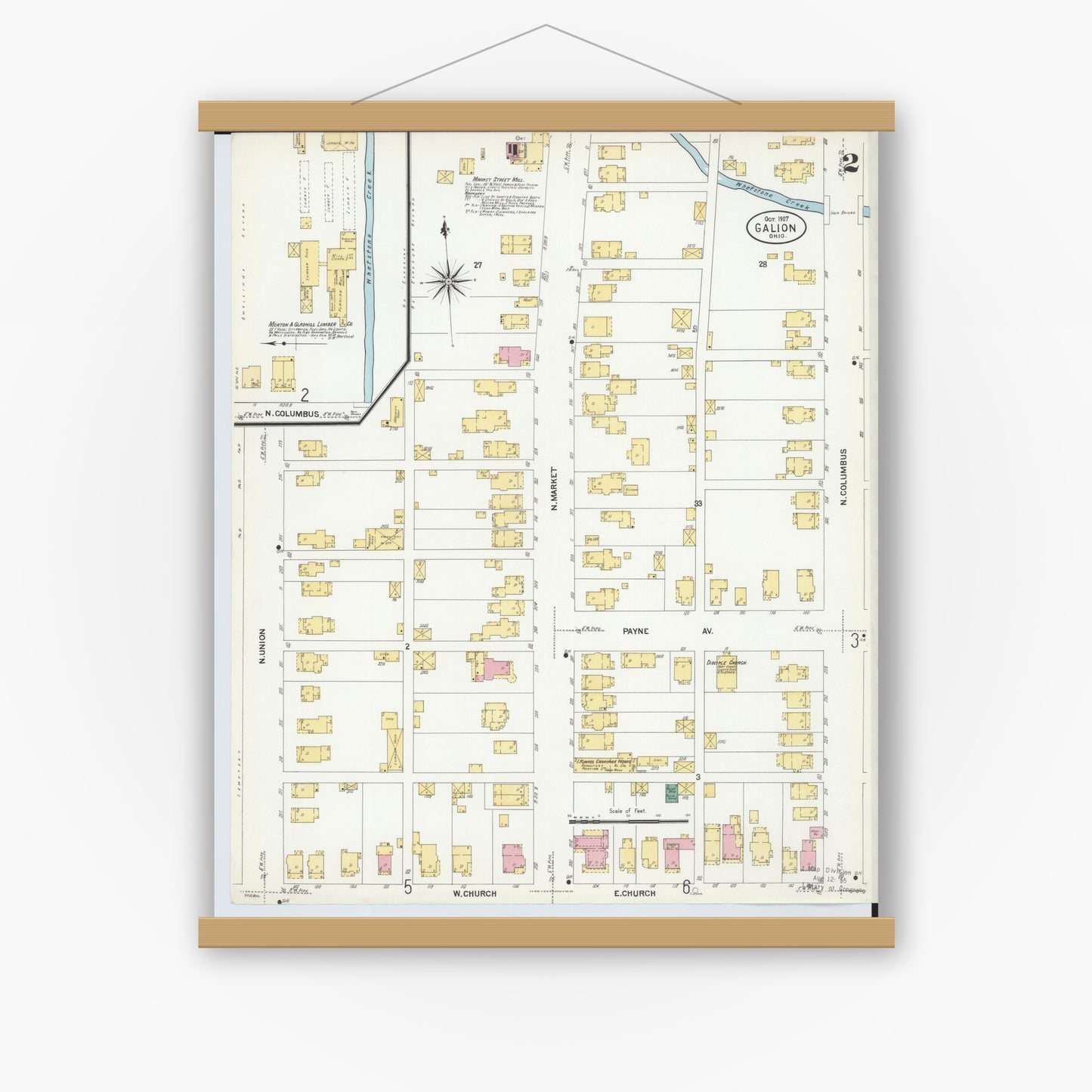 Old map wall art mockup — magnetic wood frame on white wall — Sanborn Fire Insurance Map from Galion, Crawford County, Ohio (1907), Sheet #0002