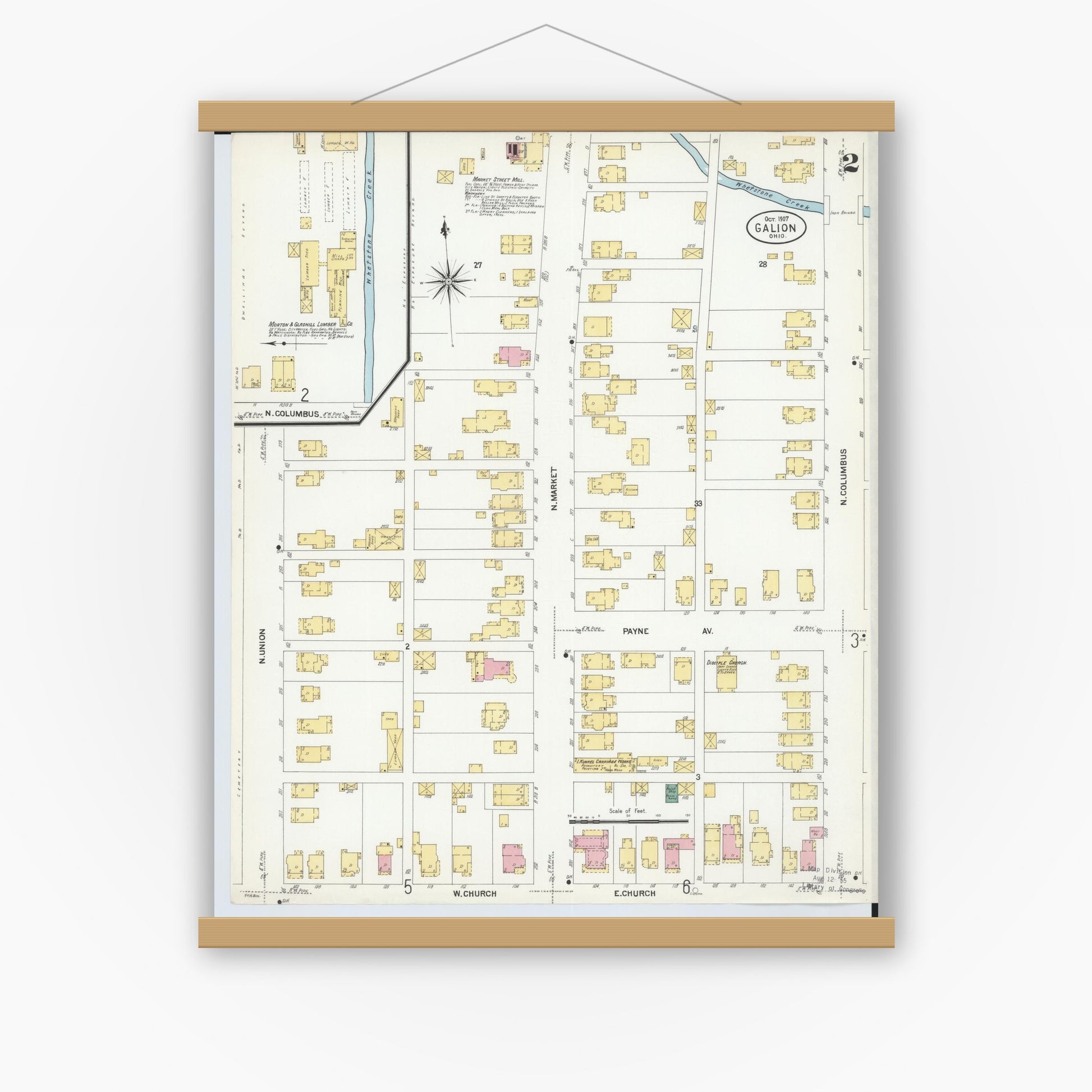 Old map wall art mockup — magnetic wood frame on white wall — Sanborn Fire Insurance Map from Galion, Crawford County, Ohio (1907), Sheet #0002