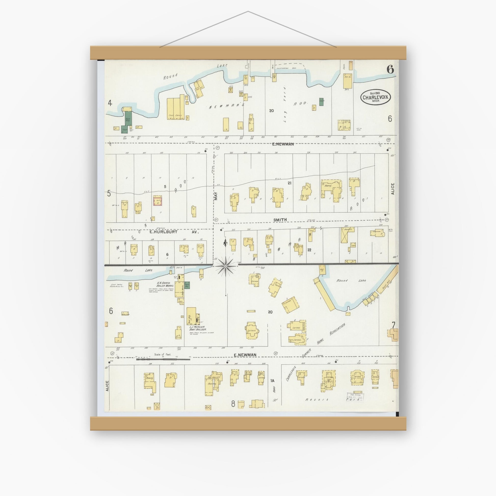 Old map wall art mockup — magnetic wood frame on white wall — Sanborn Fire Insurance Map from Charlevoix, Charlevoix County, Michigan (1901), Sheet #0006