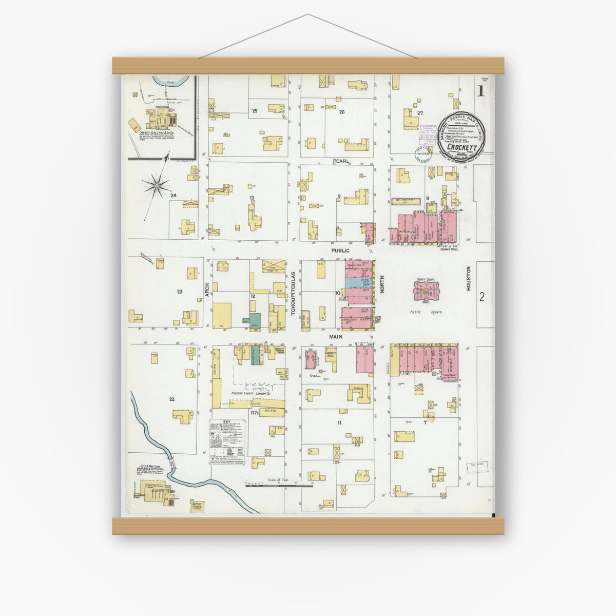 Old map wall art mockup — magnetic wood frame on white wall — Sanborn Fire Insurance Map from Crockett, Houston County, Texas (1901) - Complete Map Set