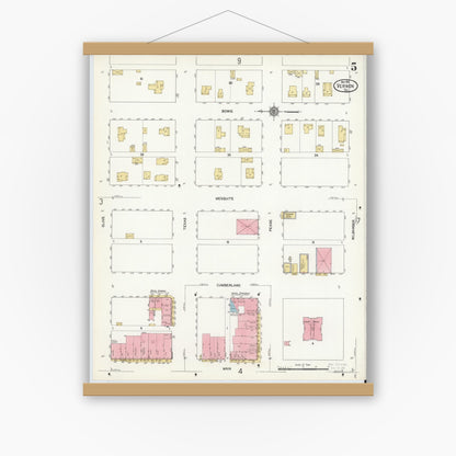 Old map wall art mockup — magnetic wood frame on white wall — Sanborn Fire Insurance Map from Vernon, Wilbarger County, Texas (1912), Sheet #0005